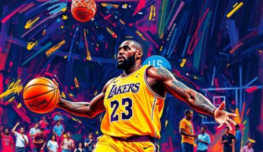 An abstract, energetic painting featuring bold, neon-colored brushstrokes that capture the dynamism and intensity of LeBron James