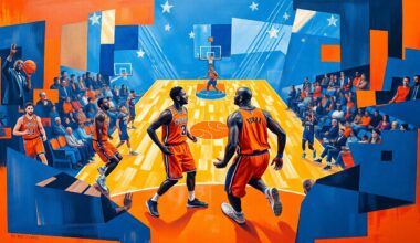 A fractured, geometric painting depicting a basketball game or match, with the players and court deconstructed into sharp, overlapping planes of vibrant blue, orange, and other colors, representing the contrasting styles and perspectives of Shaquille O