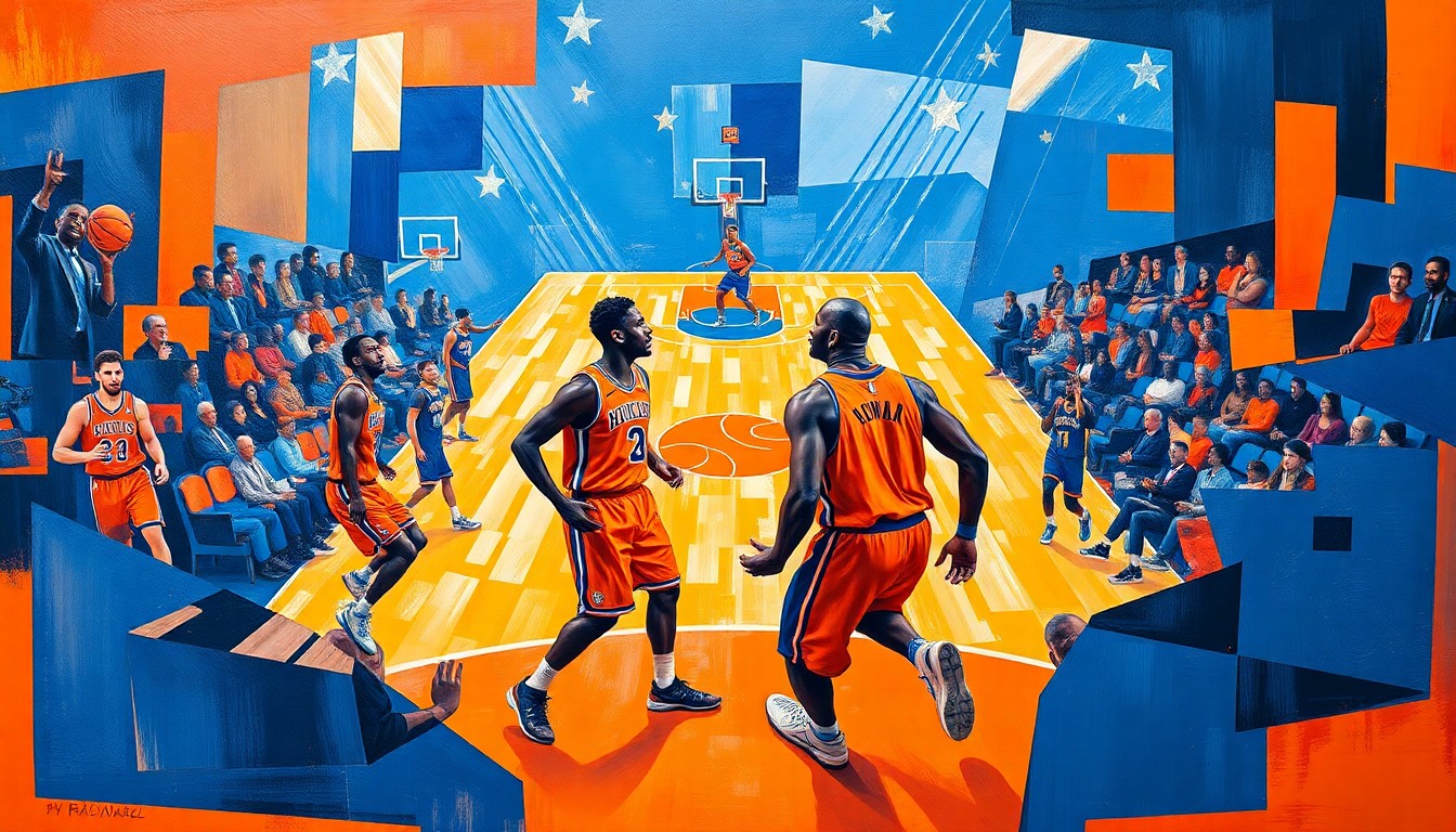 A fractured, geometric painting depicting a basketball game or match, with the players and court deconstructed into sharp, overlapping planes of vibrant blue, orange, and other colors, representing the contrasting styles and perspectives of Shaquille O
