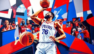 A cubist, geometric painting depicting a basketball game or match, with overlapping planes of deep red, royal blue, and bright white colors representing the 76ers team. The image captures the dynamic energy and movement of the sport, but in a fragmented, abstract style that reflects the complex emotions and challenges surrounding the end of Joel Embiid