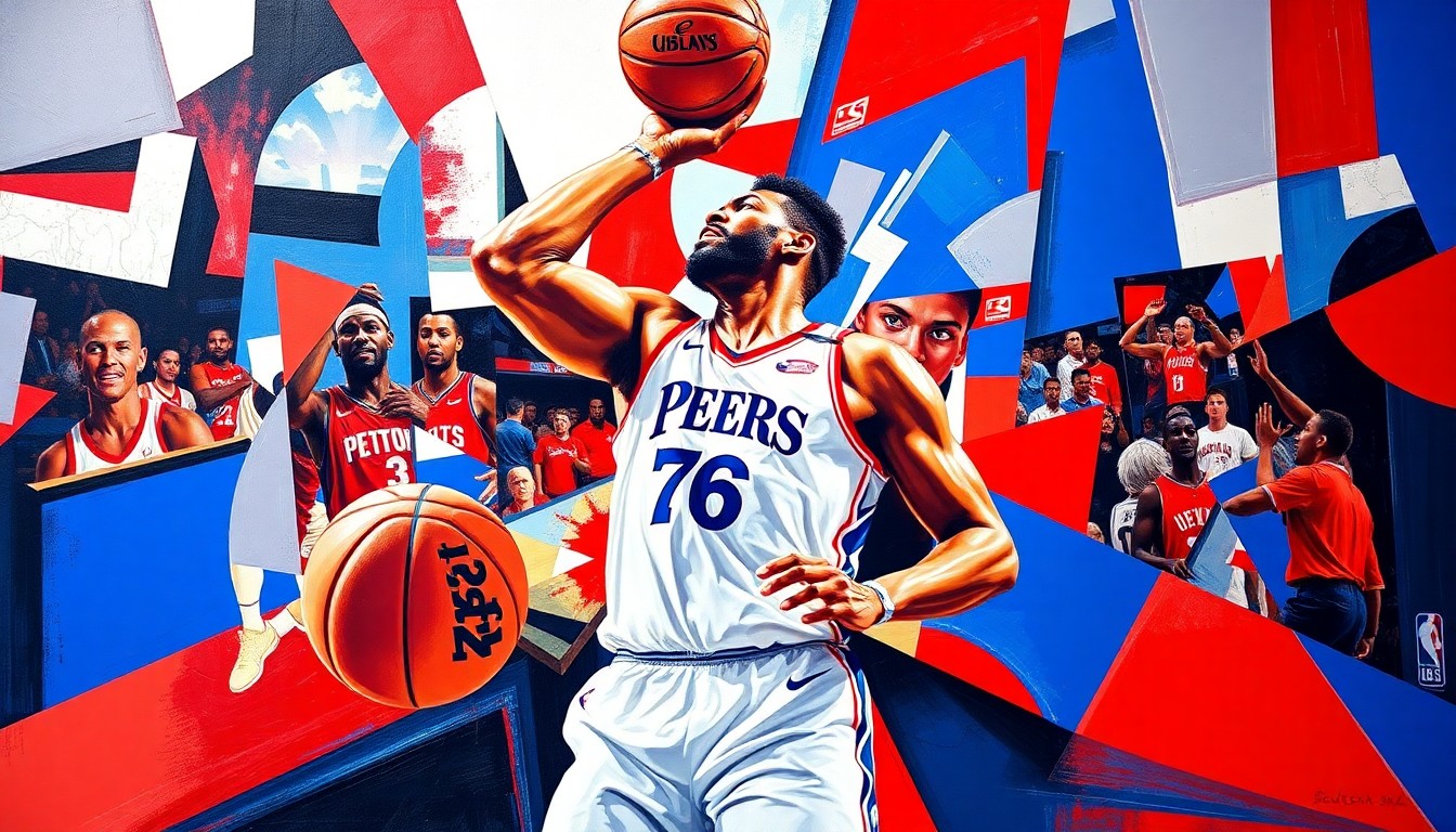 A cubist, geometric painting depicting a basketball game or match, with overlapping planes of deep red, royal blue, and bright white colors representing the 76ers team. The image captures the dynamic energy and movement of the sport, but in a fragmented, abstract style that reflects the complex emotions and challenges surrounding the end of Joel Embiid