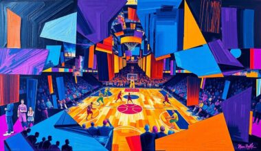 A cubist, geometric painting depicting a basketball game or match, with sharp, overlapping planes of color representing the action on the court.