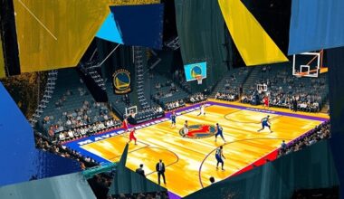 A fragmented, geometric painting depicting a basketball game, with players and the court broken down into sharp, overlapping shapes and planes, conveying the intensity and strategic nature of the matchup.