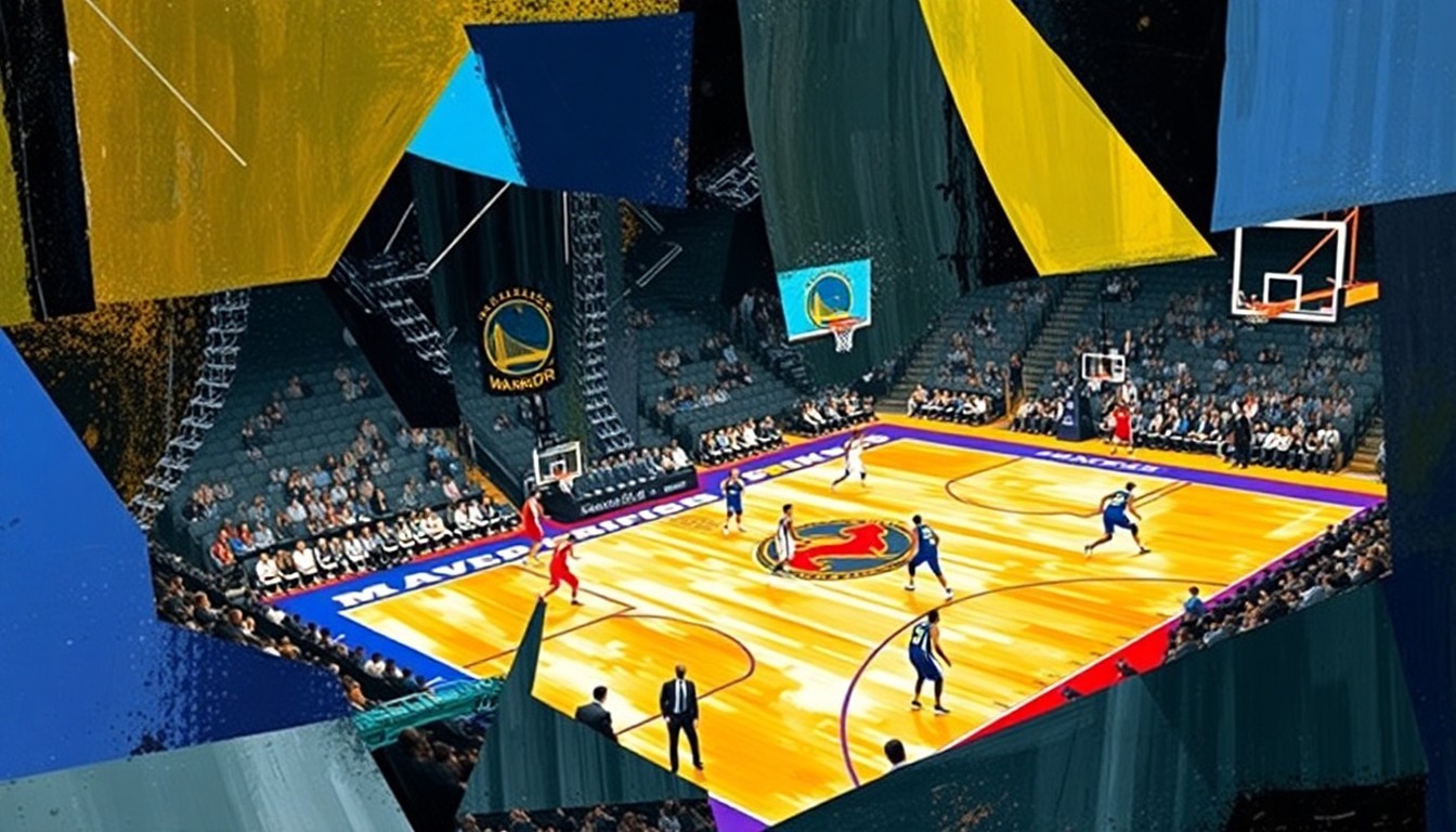 A fragmented, geometric painting depicting a basketball game, with players and the court broken down into sharp, overlapping shapes and planes, conveying the intensity and strategic nature of the matchup.