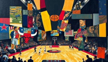 A fragmented, geometric painting depicting a basketball game between two teams, with sharp, overlapping shapes and planes representing the players