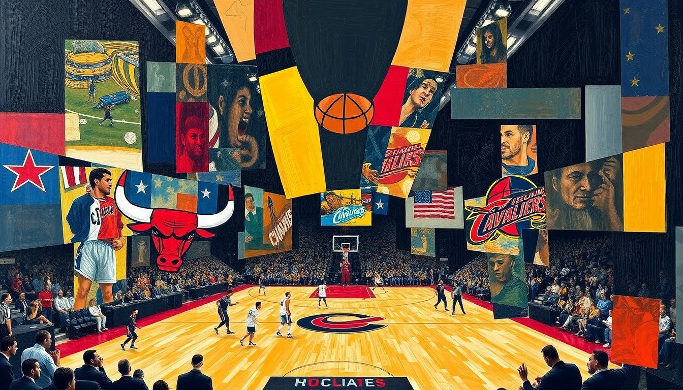 A fragmented, geometric painting depicting a basketball game between two teams, with sharp, overlapping shapes and planes representing the players