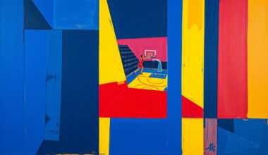 A fractured, cubist-style painting depicting an NBA basketball game broken down into sharp, overlapping geometric shapes and planes in a vibrant color palette, conceptually representing the uncertainty surrounding the league