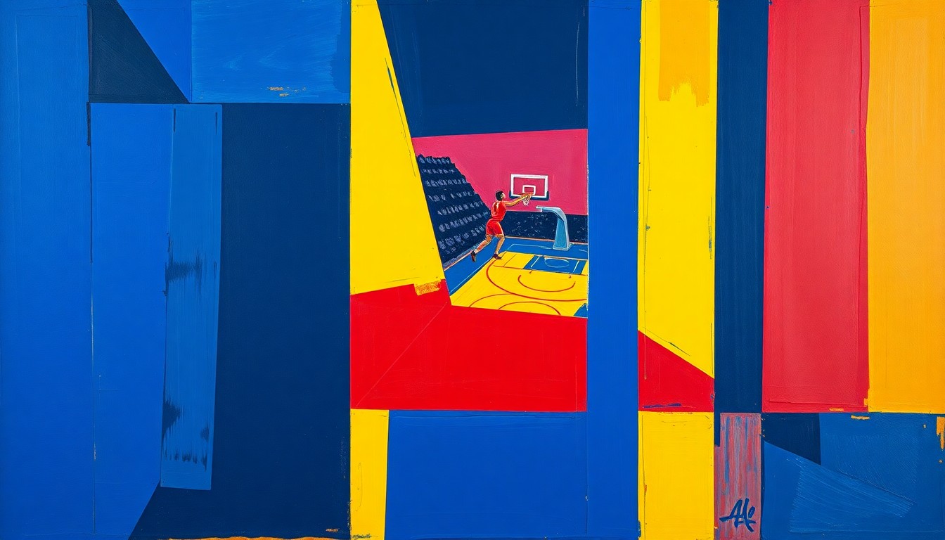 A fractured, cubist-style painting depicting an NBA basketball game broken down into sharp, overlapping geometric shapes and planes in a vibrant color palette, conceptually representing the uncertainty surrounding the league