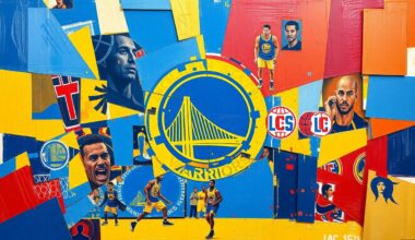 A cubist-style painting depicting a basketball game between the Golden State Warriors and LA Clippers, with the players and court broken down into sharp, overlapping geometric shapes in a vibrant color palette.