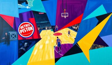 A fractured, cubist-style painting depicting a basketball game between two teams, with sharp geometric shapes and planes of vibrant colors representing the dynamic action on the court.