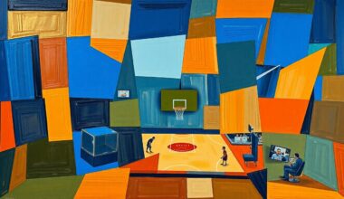 A cubist, geometric painting depicting a fragmented basketball court or broadcast booth, with overlapping planes of color in shades of blue, orange, and green, conceptually representing the transition of a veteran sports announcer from a national network to a local team.
