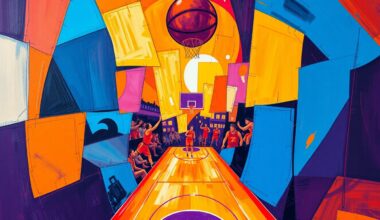 A cubist, geometric painting depicting a basketball game or match, with sharp, overlapping planes of color and form that capture the energy and movement of the sport.