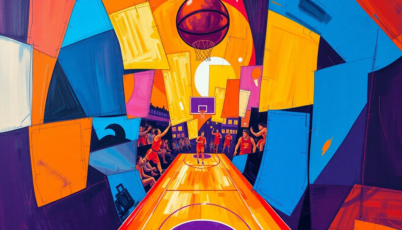 A cubist, geometric painting depicting a basketball game or match, with sharp, overlapping planes of color and form that capture the energy and movement of the sport.