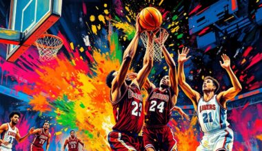 An abstract, expressionist painting in vibrant neon colors, capturing the dynamic energy and scoring action of a basketball game, with players