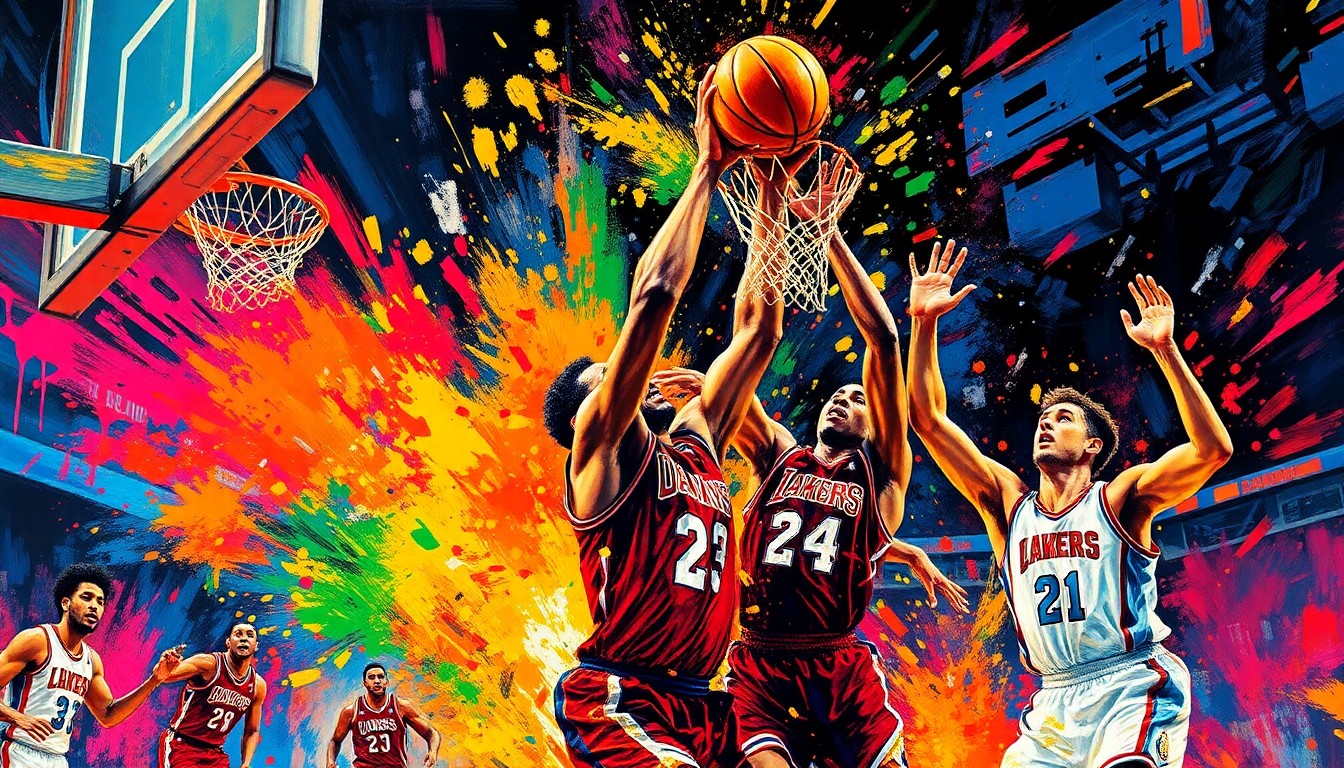 An abstract, expressionist painting in vibrant neon colors, capturing the dynamic energy and scoring action of a basketball game, with players