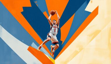 A fragmented, geometric painting depicting a basketball player