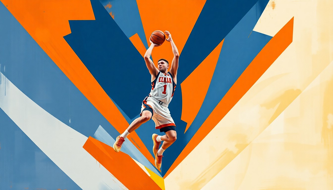 A fragmented, geometric painting depicting a basketball player