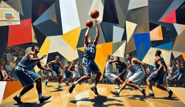 A fragmented, geometric painting depicting the dynamic movements and energy of a basketball game, with the players
