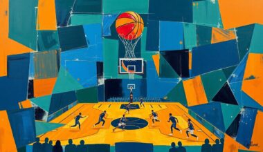 A fractured, geometric painting in navy, green, and orange tones, depicting the overlapping movements and perspectives of a basketball game in an abstract, deconstructed style.
