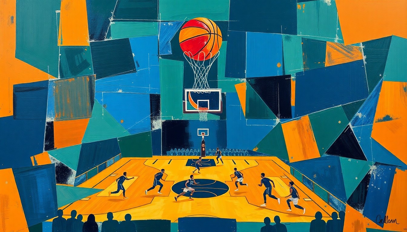 A fractured, geometric painting in navy, green, and orange tones, depicting the overlapping movements and perspectives of a basketball game in an abstract, deconstructed style.