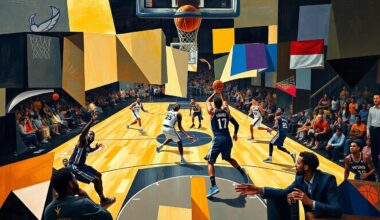 A cubist-style painting depicting the basketball game between the New Orleans Pelicans and San Antonio Spurs, with the players