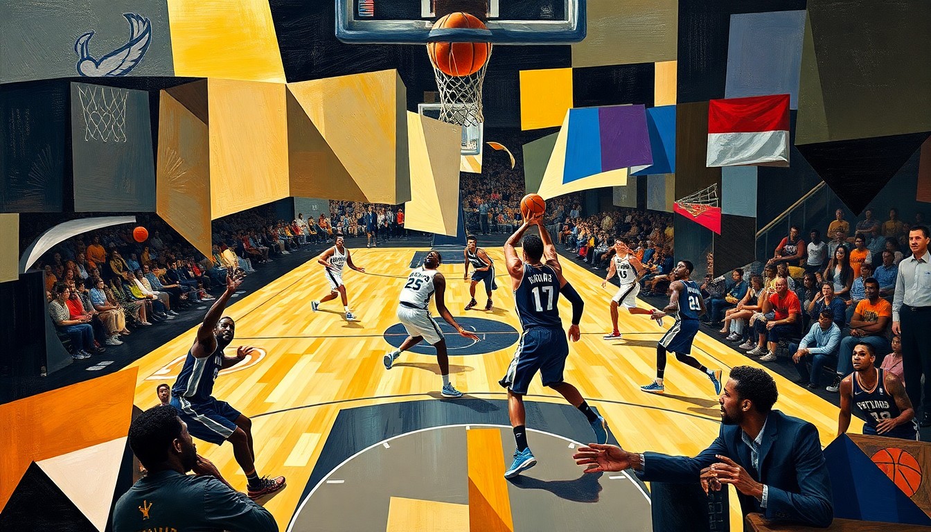 A cubist-style painting depicting the basketball game between the New Orleans Pelicans and San Antonio Spurs, with the players