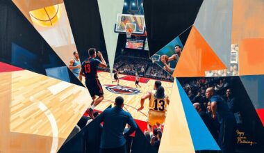 A fractured, multi-perspective painting in a cubist style, breaking down a basketball game between the Toronto Raptors and Oklahoma City Thunder into sharp, overlapping geometric planes that capture the players