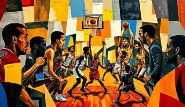 A fractured, multi-perspective painting in the abstract cubist style, with sharp, overlapping geometric planes representing a basketball game. The players