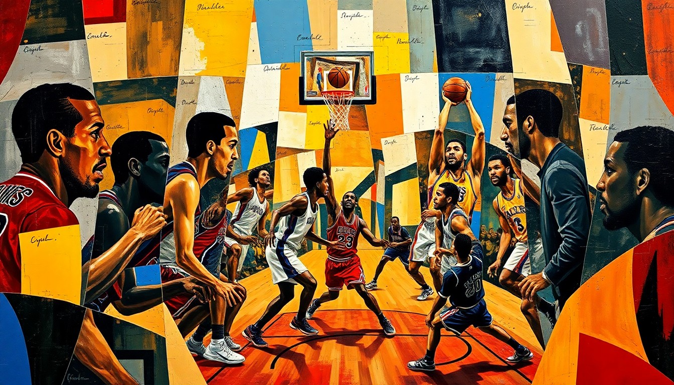 A fractured, multi-perspective painting in the abstract cubist style, with sharp, overlapping geometric planes representing a basketball game. The players