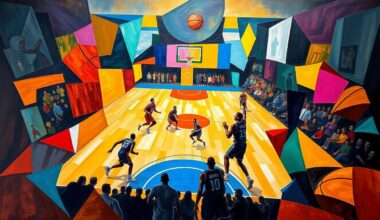 A cubist-style painting depicting a basketball game, with the players