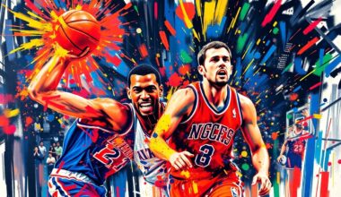 An abstract expressionist painting in neon colors, with blurred and fragmented figures representing the intense action of a basketball game, capturing the emotional intensity and competitive spirit of the Knicks-Nuggets matchup.