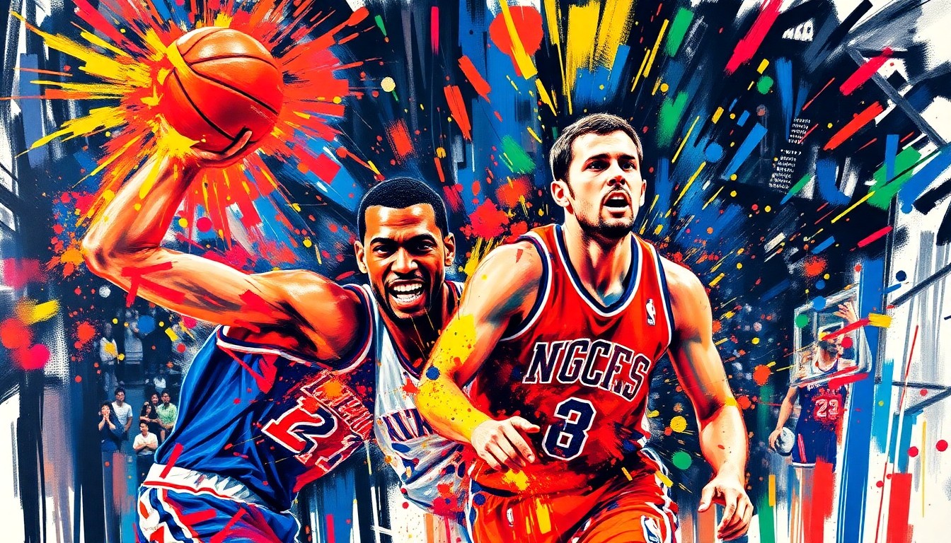 An abstract expressionist painting in neon colors, with blurred and fragmented figures representing the intense action of a basketball game, capturing the emotional intensity and competitive spirit of the Knicks-Nuggets matchup.