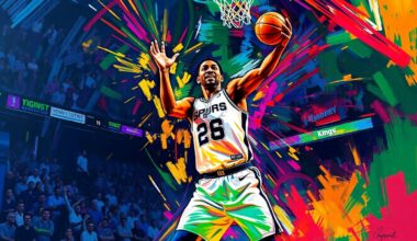 An abstract, expressionist painting in vibrant neon colors, capturing the energy and movement of a basketball player in mid-action, representing Victor Wembanyama