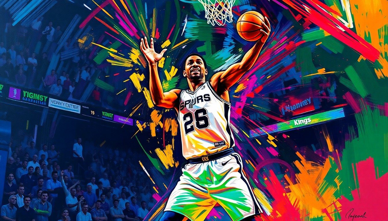 An abstract, expressionist painting in vibrant neon colors, capturing the energy and movement of a basketball player in mid-action, representing Victor Wembanyama