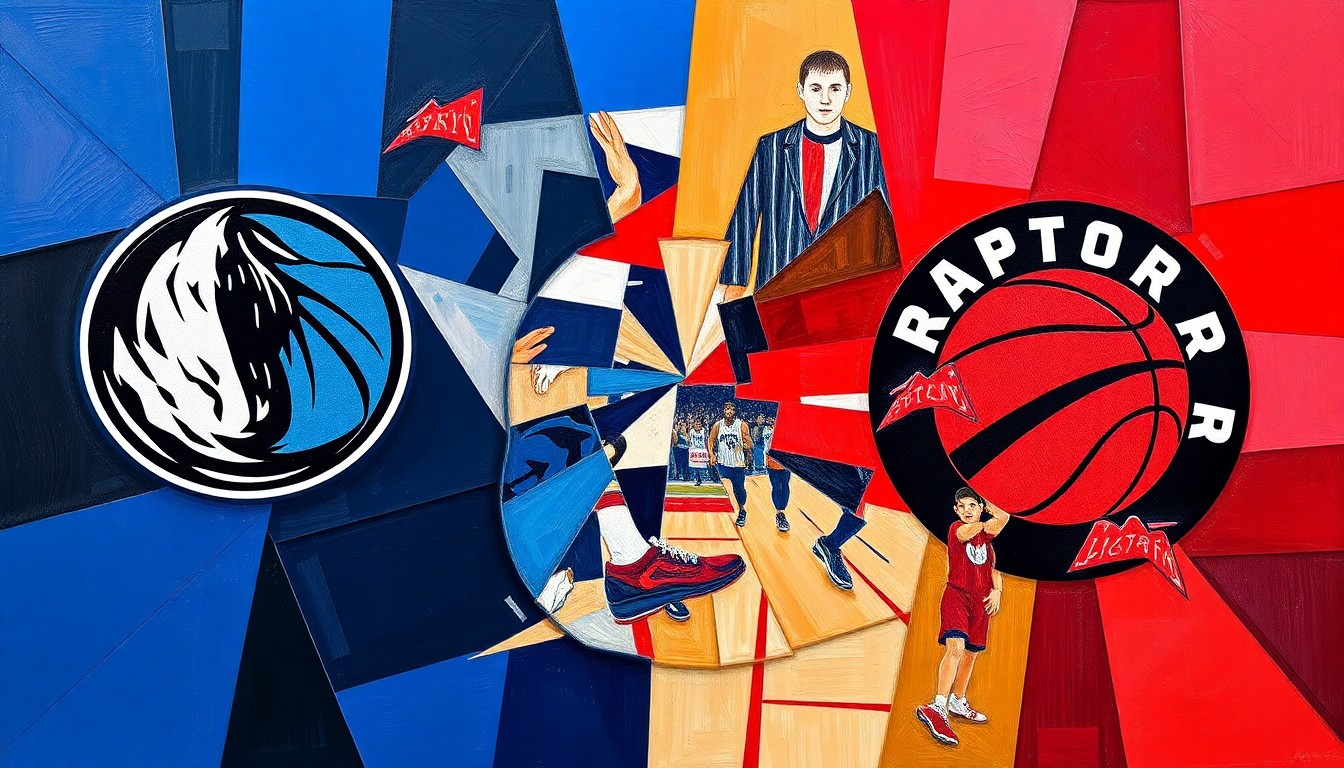 A fractured, multi-perspective painting in the style of Pablo Picasso, breaking a basketball game down into sharp, overlapping geometric planes in navy blue, royal blue, silver, red, purple, and black.