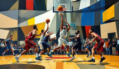 A cubist-style painting depicting a basketball game, with the players
