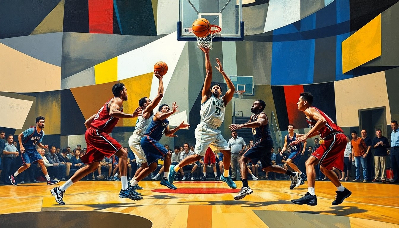 A cubist-style painting depicting a basketball game, with the players