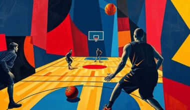 A fractured, cubist-style painting depicting a basketball game, with the players