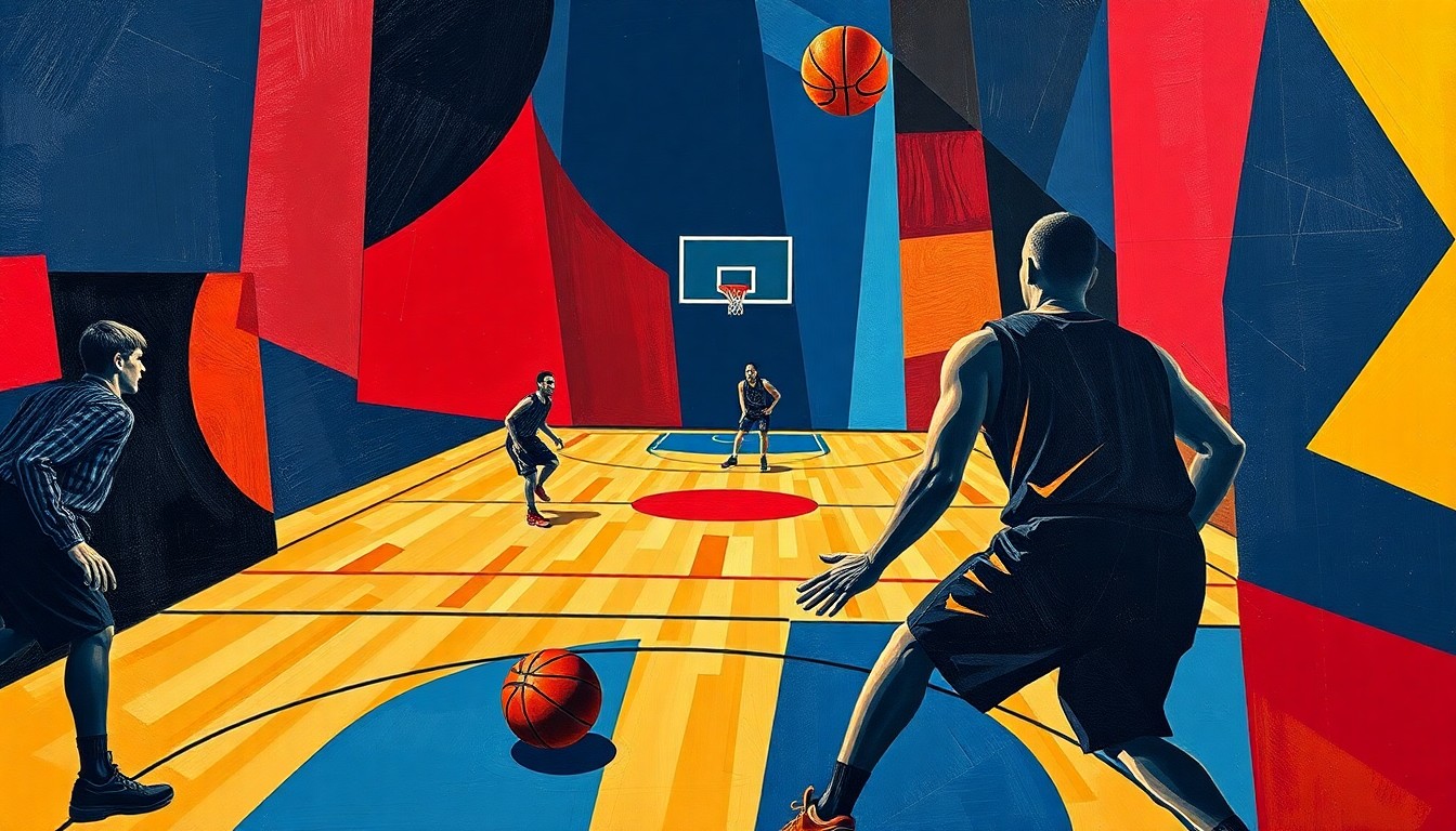 A fractured, cubist-style painting depicting a basketball game, with the players