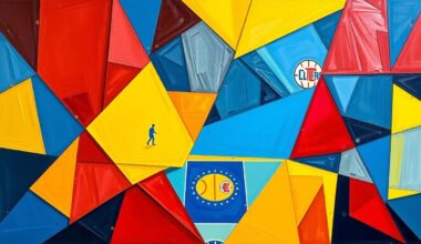 A fractured, multi-perspective painting in bold, vibrant colors depicting the action and energy of a close NBA basketball game, with players and the court broken down into sharp, overlapping geometric shapes and planes.