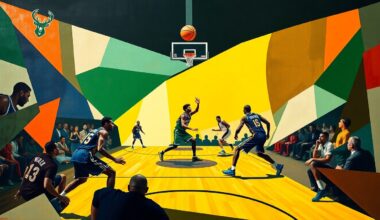 A cubist-style painting depicting a basketball game in abstract geometric shapes and planes, with the players
