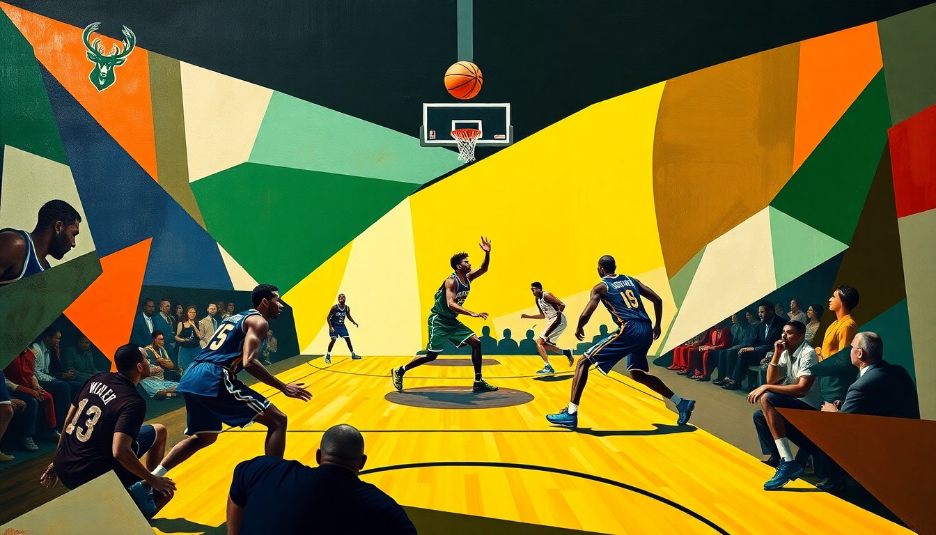 A cubist-style painting depicting a basketball game in abstract geometric shapes and planes, with the players