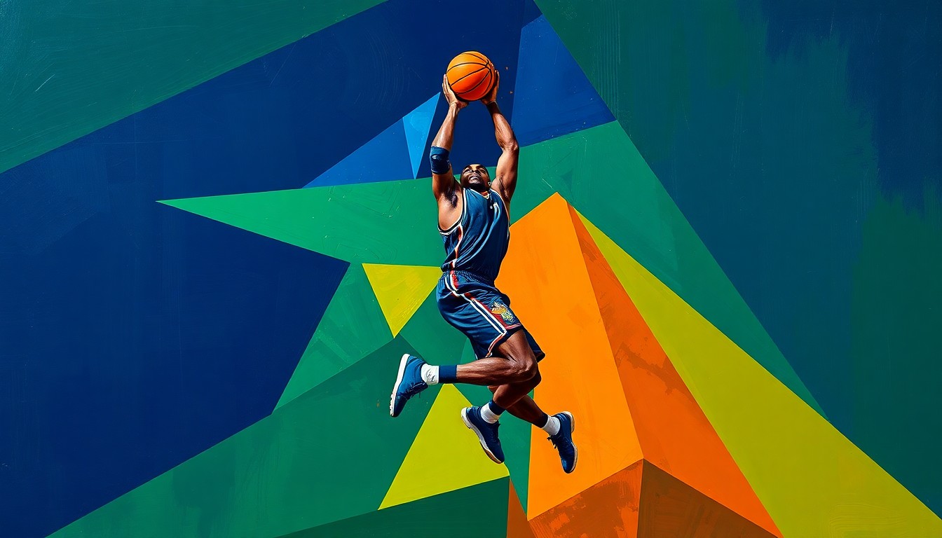 A cubist, geometric painting depicting a basketball player