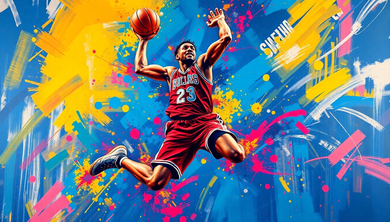 An abstract, expressionist painting in vibrant neon colors depicting the explosive athleticism of a basketball player in mid-jump, their form and features dissolving into bold, energetic brushstrokes.