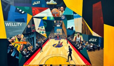 A cubist-style painting featuring overlapping geometric shapes and planes in various shades of purple, gold, and blue, conceptually representing the action and movement of a basketball game between the Lakers and Jazz.