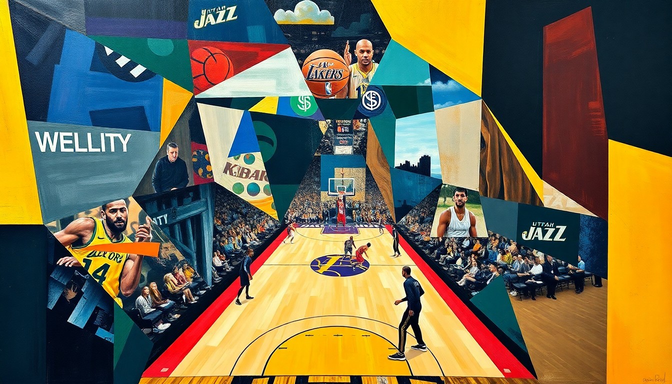 A cubist-style painting featuring overlapping geometric shapes and planes in various shades of purple, gold, and blue, conceptually representing the action and movement of a basketball game between the Lakers and Jazz.