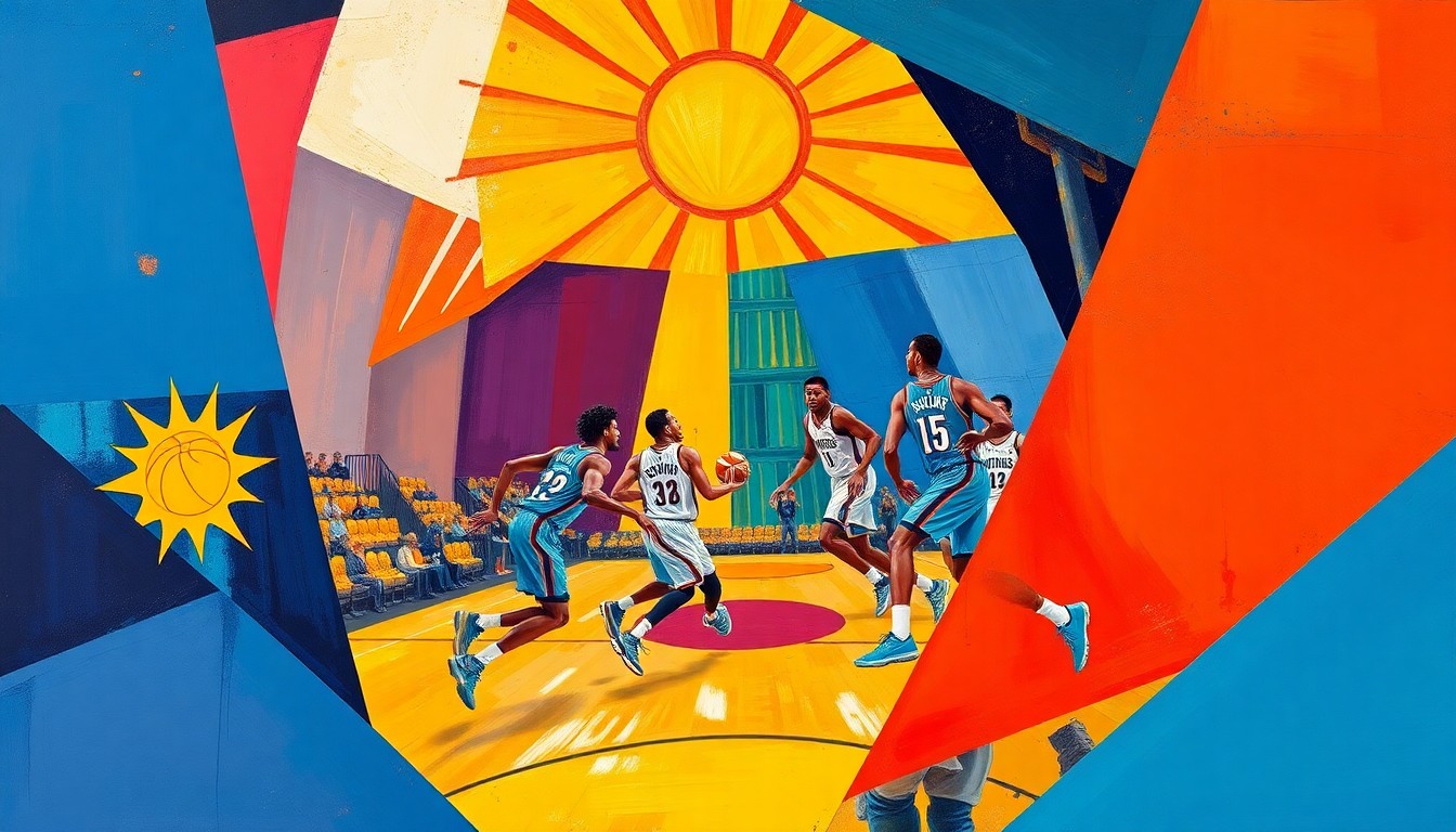 A fractured, geometric painting in bold colors representing a basketball game, with overlapping shapes and planes conveying the raw energy and passion of the sport.