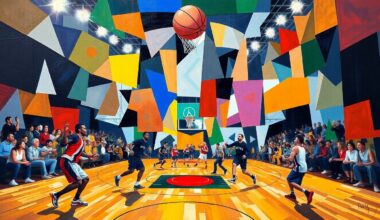 A fragmented, geometric painting depicting the dynamic movements and energy of a basketball game, with players and the court rendered in an abstract, cubist style.