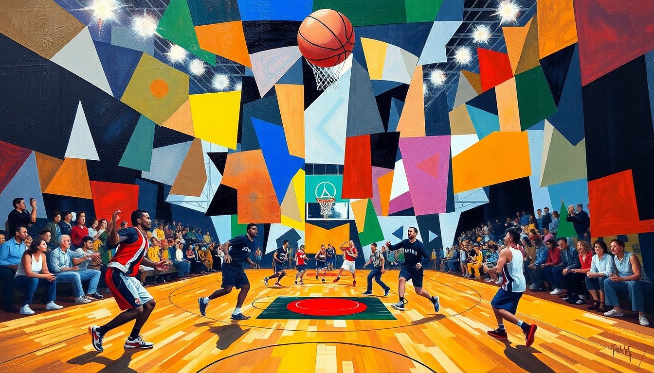 A fragmented, geometric painting depicting the dynamic movements and energy of a basketball game, with players and the court rendered in an abstract, cubist style.