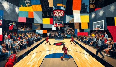 A fragmented, geometric painting depicting a basketball game in motion, with players and the court rendered in sharp, overlapping planes of color and form, conveying the dynamic tension of the Sixers-Heat matchup.
